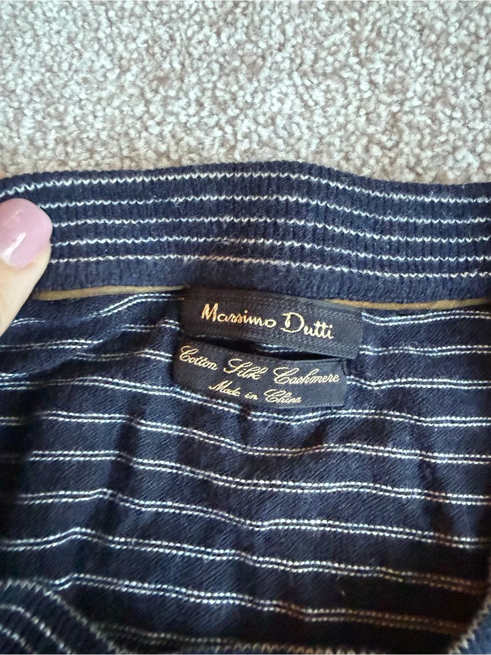 Massimo Dutti Navy and White Striped Crewneck Sweater